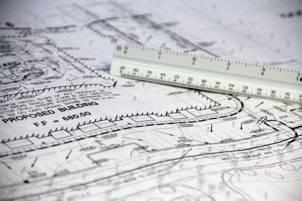 Illustrative library photograph, not an Elbaz project: a civil site plan with a proposed building and levels marked on it