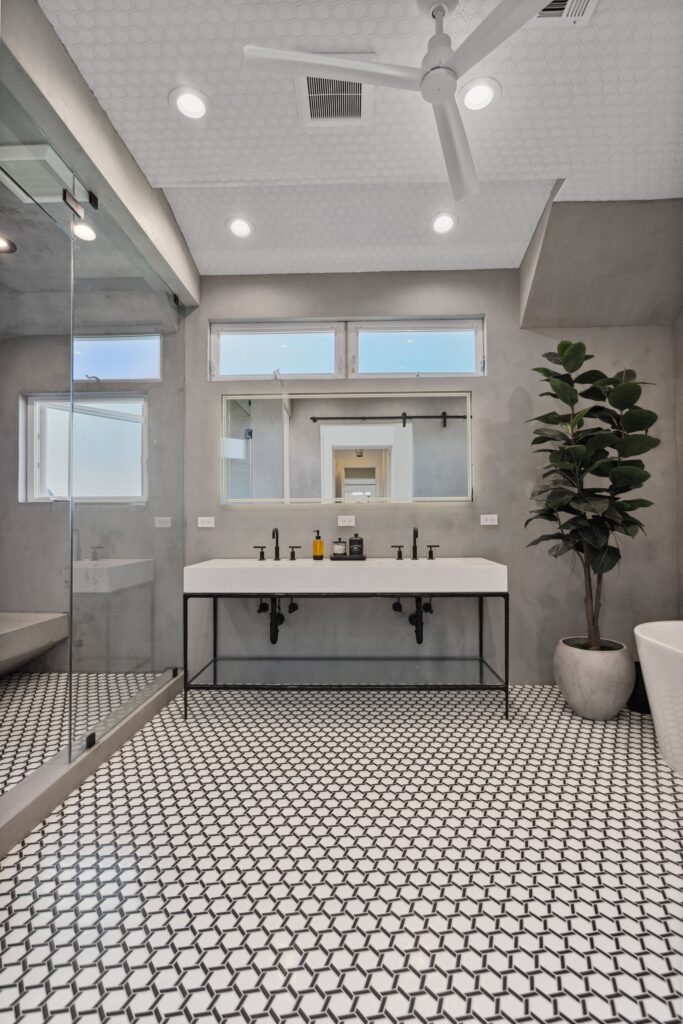 Vanity and mirror under clerestory glazing
