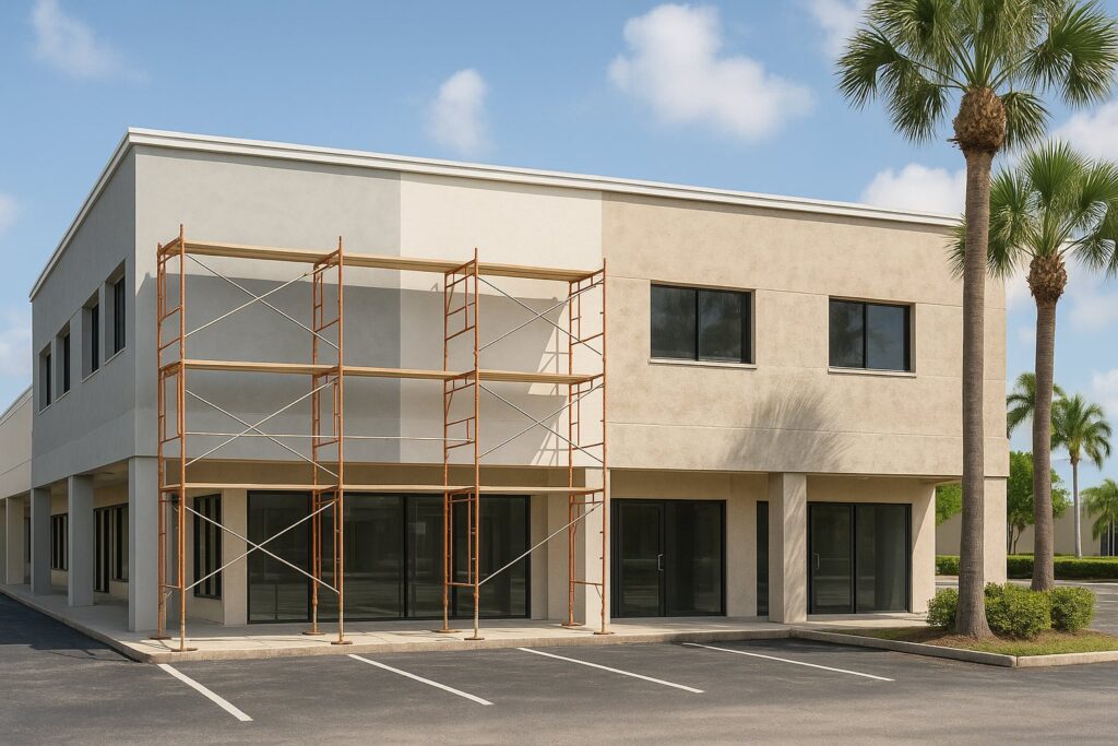 Illustrative, AI-generated: a two-storey commercial building mid-renovation with scaffolding along one bay