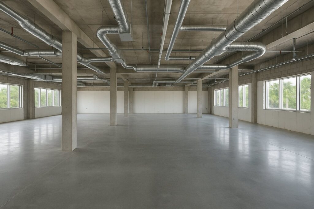 Illustrative, AI-generated: a commercial interior stripped to the shell, structural columns and open ceiling above
