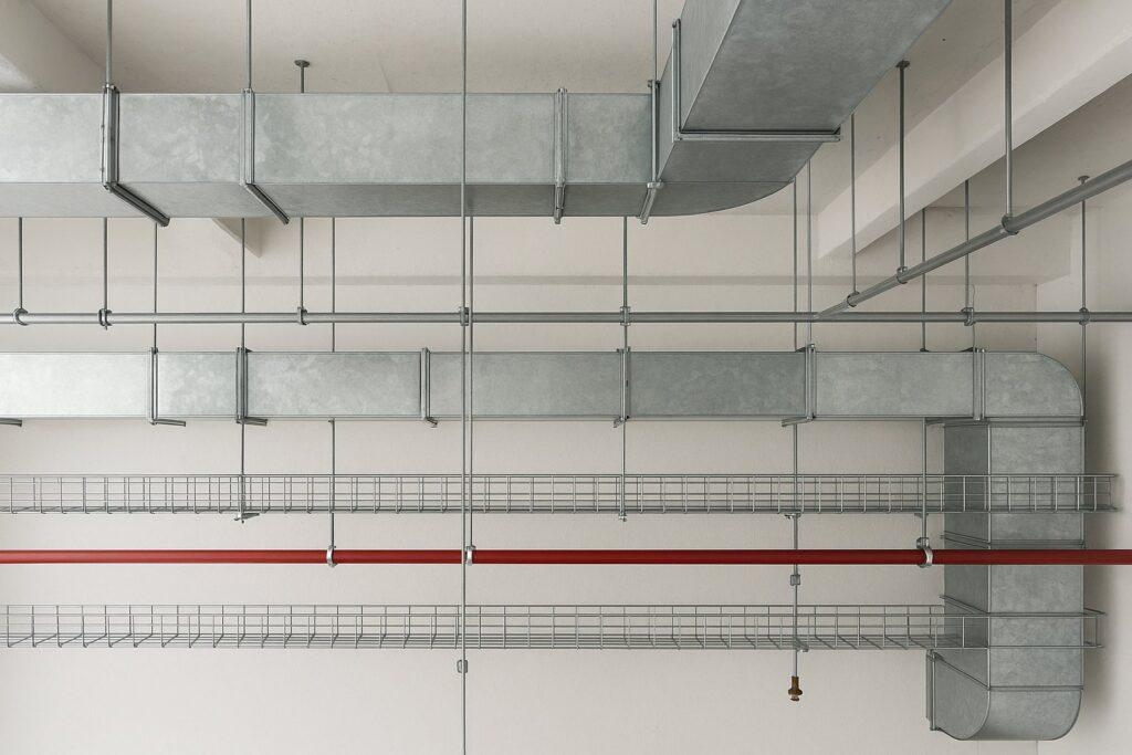 Illustrative, AI-generated: ductwork, cable tray and sprinkler pipework coordinated in a commercial ceiling void