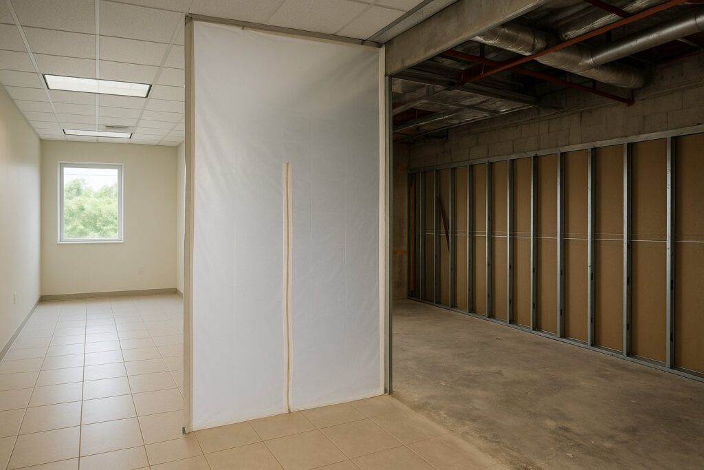 Illustrative, AI-generated: a temporary dust-protection partition dividing finished space from construction
