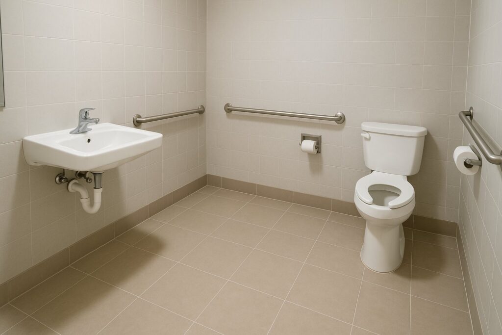 Illustrative, AI-generated: a commercial accessible restroom with grab rails and clear turning space