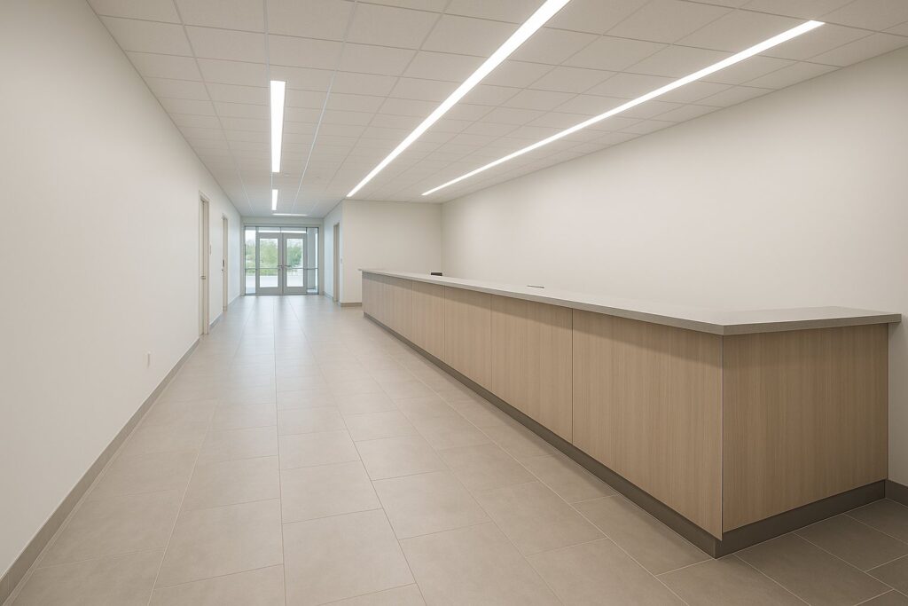 Illustrative, AI-generated: a finished commercial reception with durable large-format tile and linear lighting