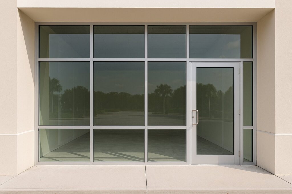 Illustrative, AI-generated: a commercial storefront glazing system in an aluminium frame, empty interior beyond