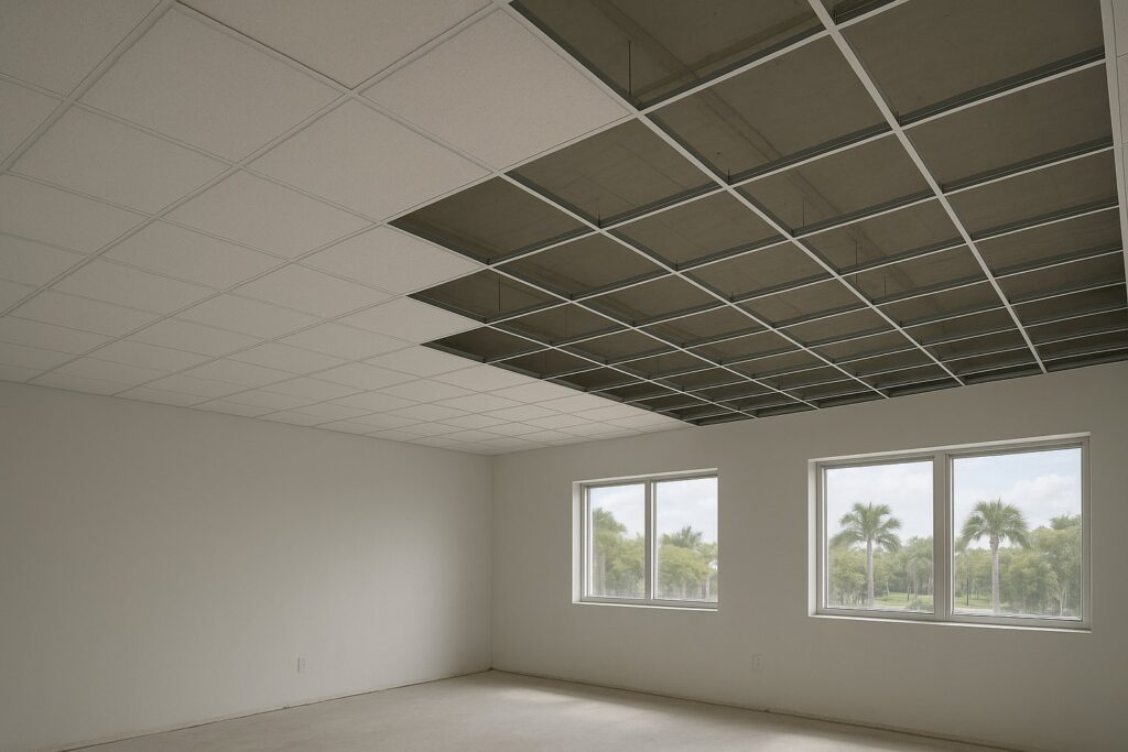 Illustrative, AI-generated: a suspended ceiling grid partly tiled in a commercial space