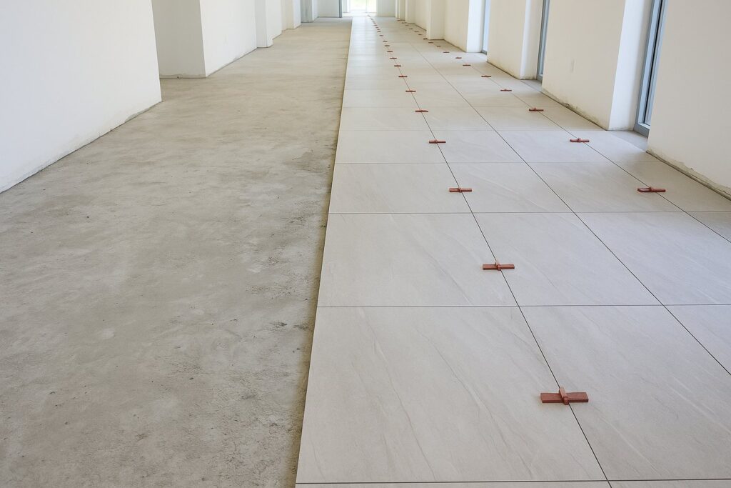Illustrative, AI-generated: large-format commercial floor tile being laid in a wide corridor, half bare screed