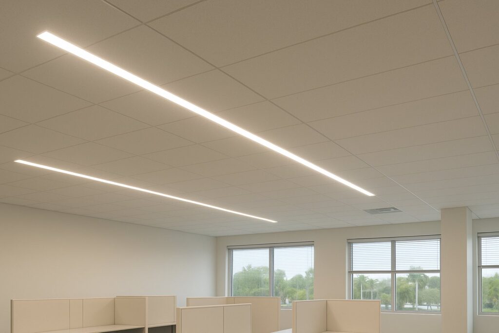 Illustrative, AI-generated: recessed linear lighting installed above an open commercial work area