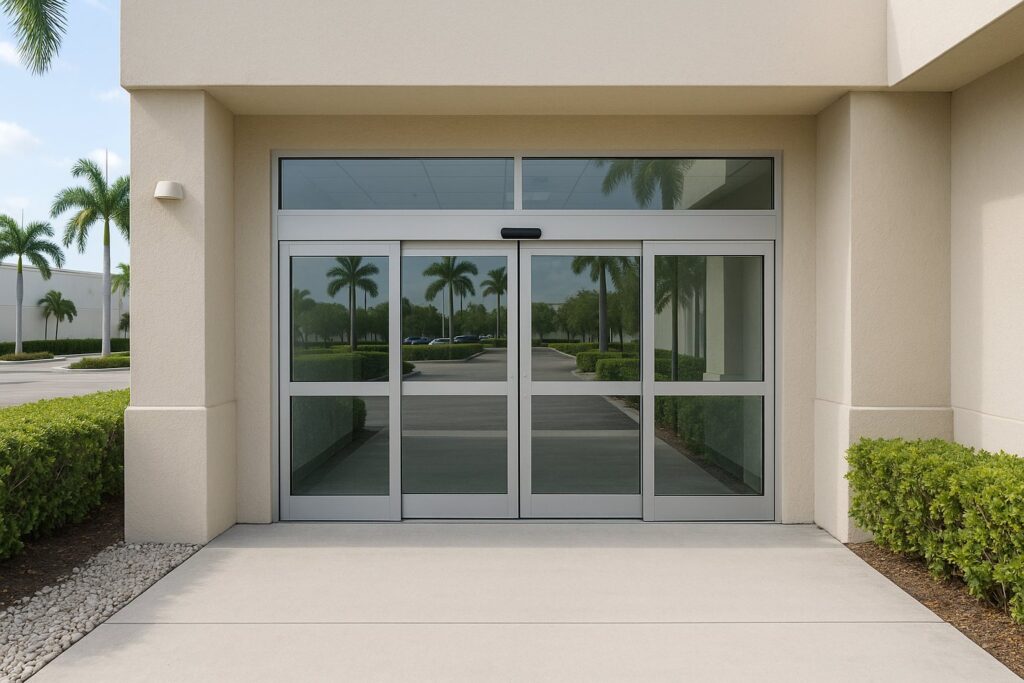 Illustrative, AI-generated: a commercial entrance with a level threshold and a wide door opening
