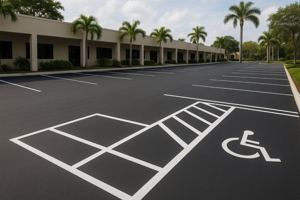 Illustrative, AI-generated: a resurfaced commercial parking area with fresh bay markings and a marked accessible bay