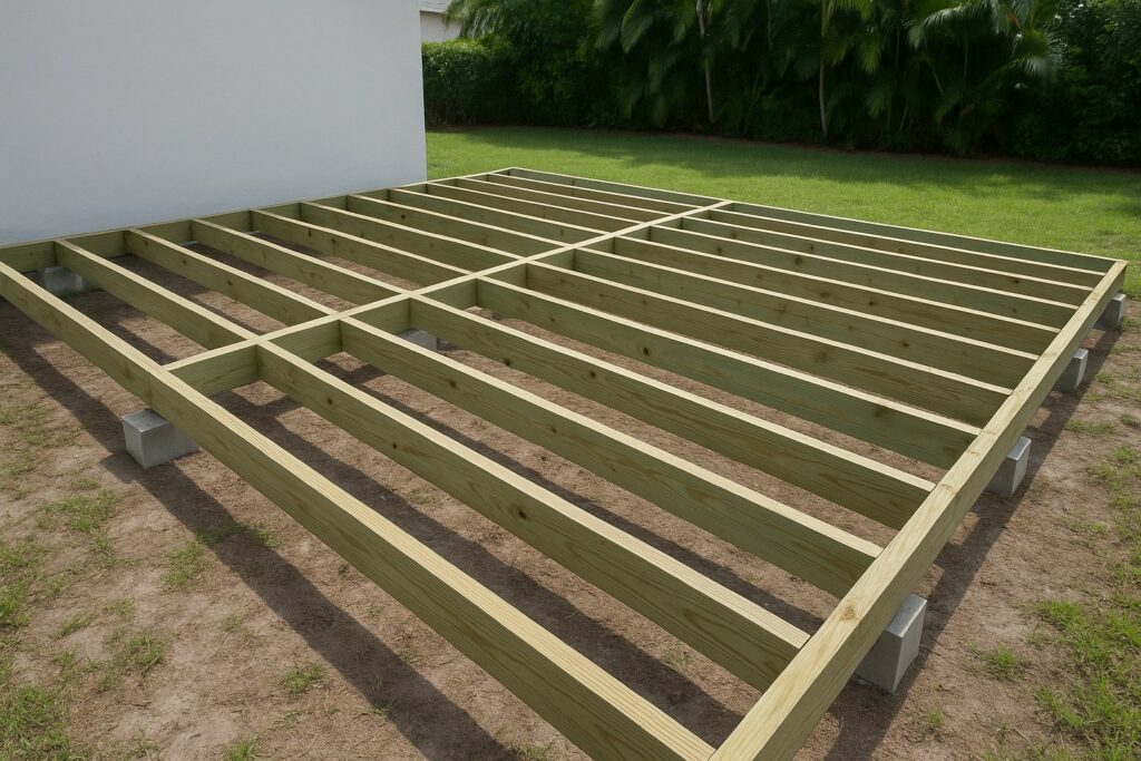 Illustrative, AI-generated: joists on footings before any board is laid