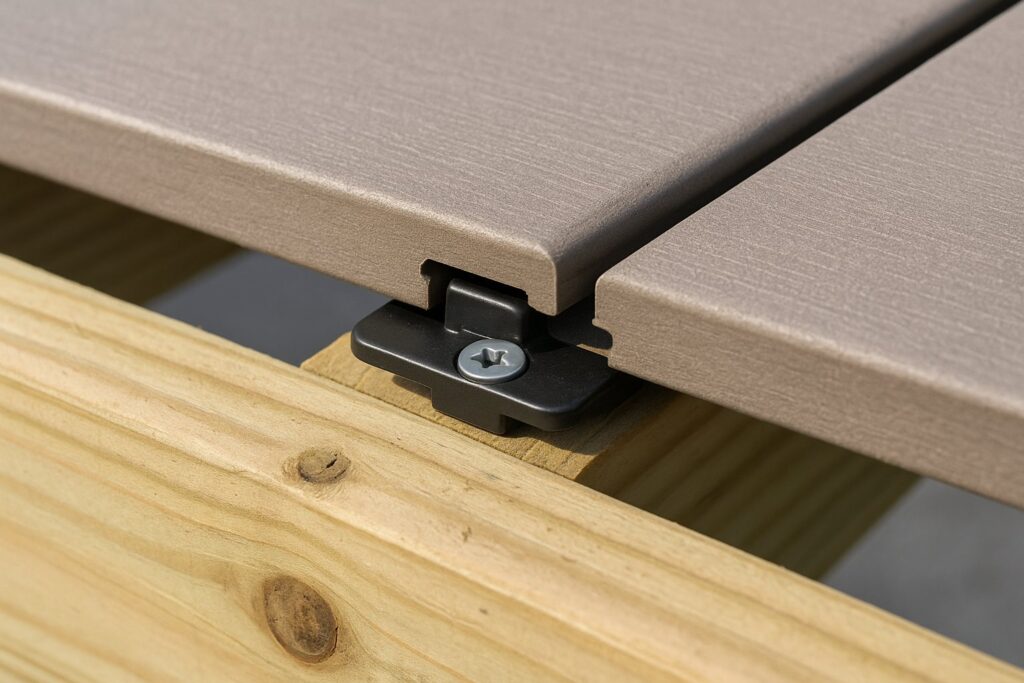 Illustrative, AI-generated: a hidden clip seated in the board groove and screwed to the joist