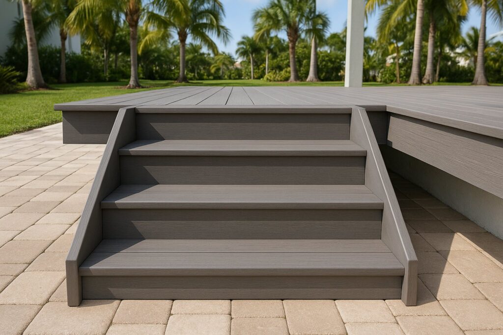 Illustrative, AI-generated: composite stairs with closed risers and stringers either side