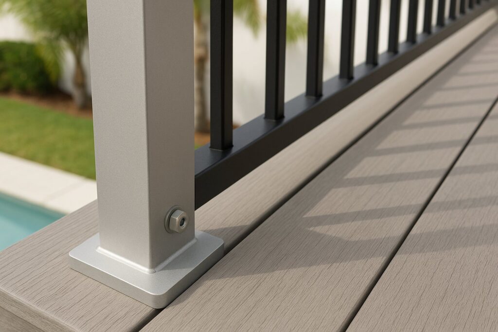 Illustrative, AI-generated: a railing post bolted through the deck into the framing below