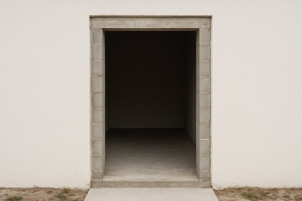 Illustrative, AI-generated: a masonry door opening with the old door removed, showing bare block jambs and a poured header