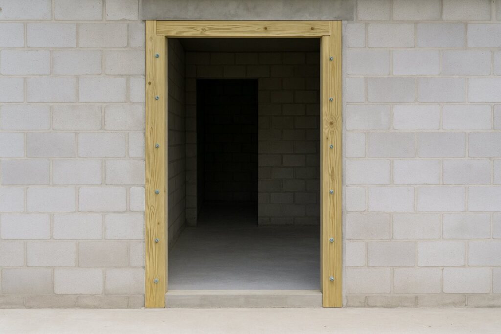 Illustrative, AI-generated: a treated timber buck anchored around a masonry door opening, ready to receive the frame
