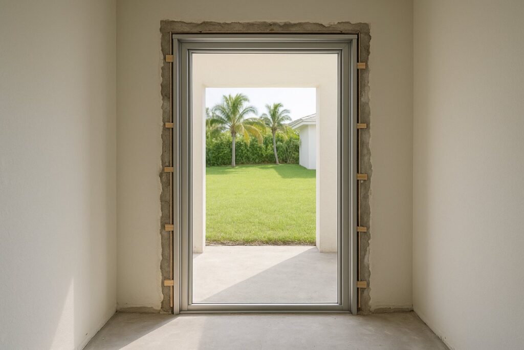Illustrative, AI-generated: frame set into the opening and held plumb with shims