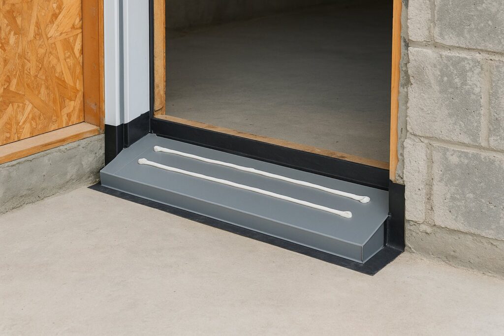 Illustrative, AI-generated: a sloped sill pan and back dam sealed before the threshold is set