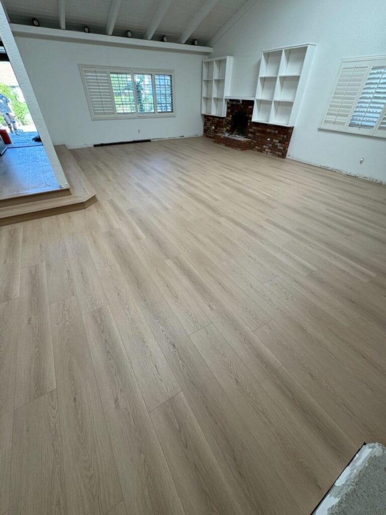 Plank meeting a hearth and built-in shelving