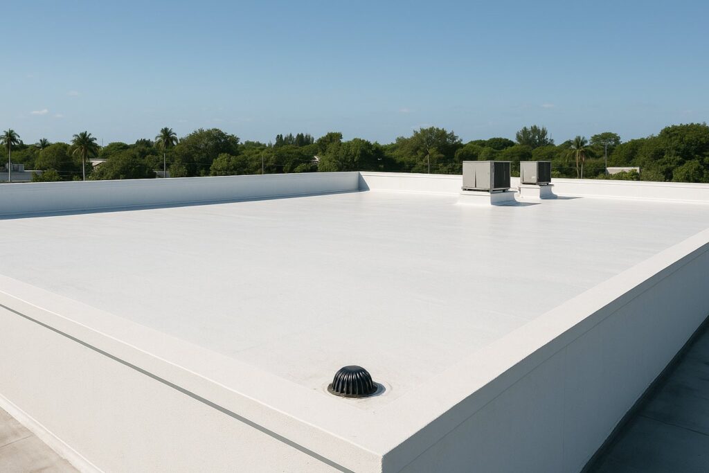 Illustrative, AI-generated: a flat low-slope roof with parapet walls, a domed drain strainer and equipment curbs beyond