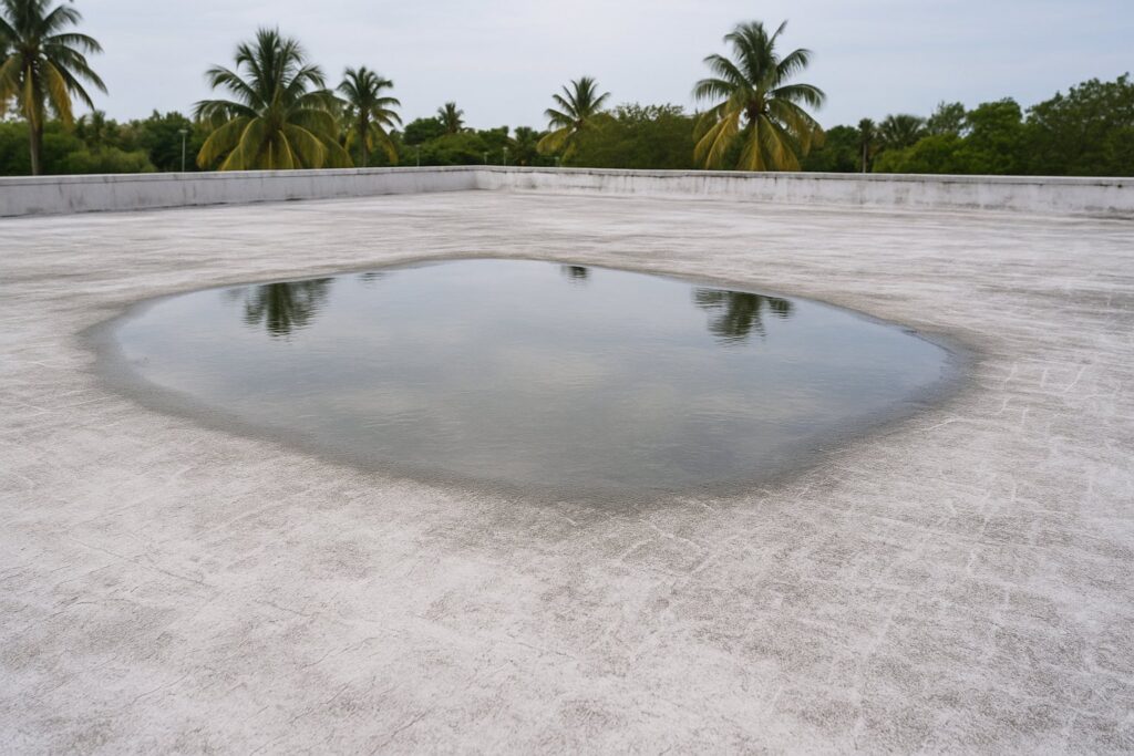 Illustrative, AI-generated: shallow standing water on a flat roof membrane with a chalky weathered surface around it