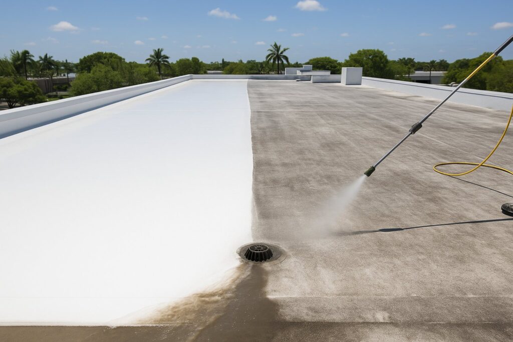 Illustrative, AI-generated: a flat roof mid-wash, one half clean and bright and the other still chalky