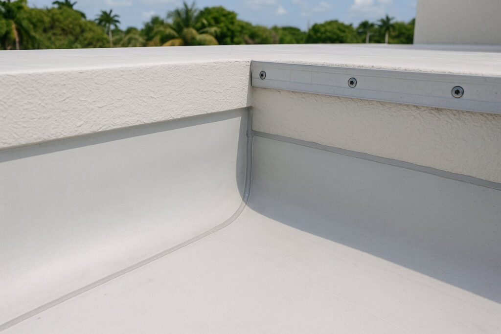 Illustrative, AI-generated: base flashing where a roof membrane turns up a parapet, with a sealed termination bar