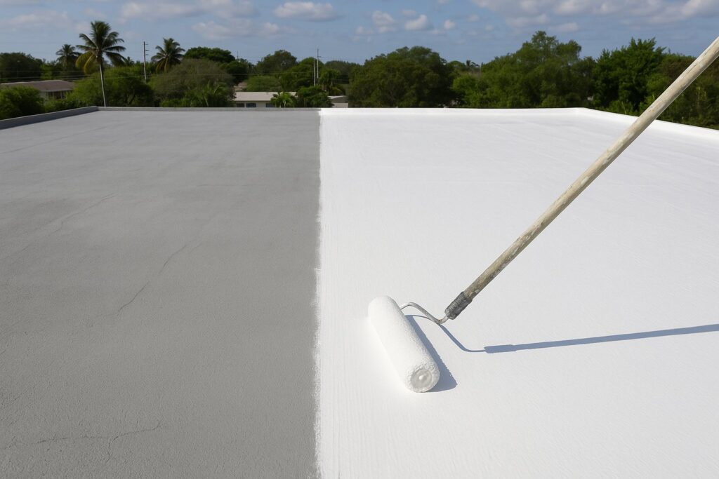 Illustrative, AI-generated: white elastomeric coating applied by roller in a straight wet edge, half the roof done