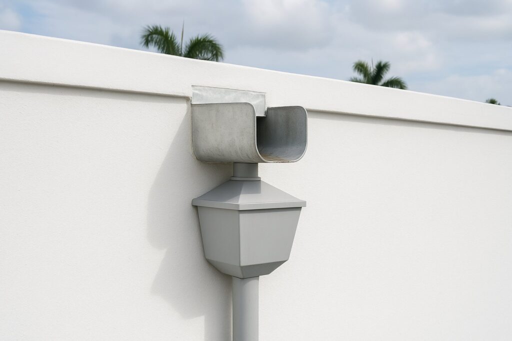 Illustrative, AI-generated: a scupper outlet through a roof parapet with a conductor head on the wall below