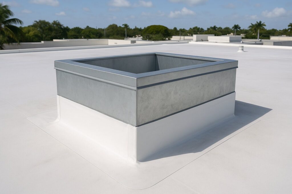 Illustrative, AI-generated: a rooftop equipment curb with membrane turned up its sides and sealed counterflashing