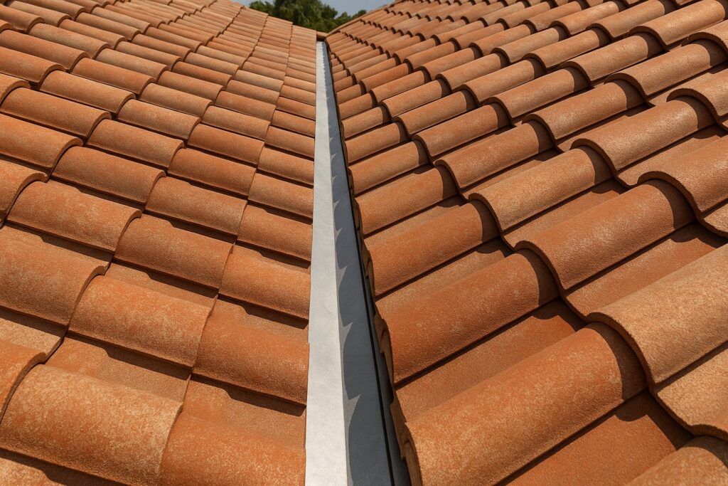 Illustrative, AI-generated: a barrel tile roof valley with metal valley flashing and neatly cut tiles either side