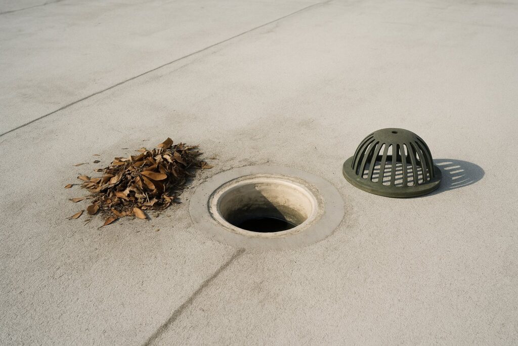 Illustrative, AI-generated: a roof drain with the strainer lifted and debris cleared, outlet open
