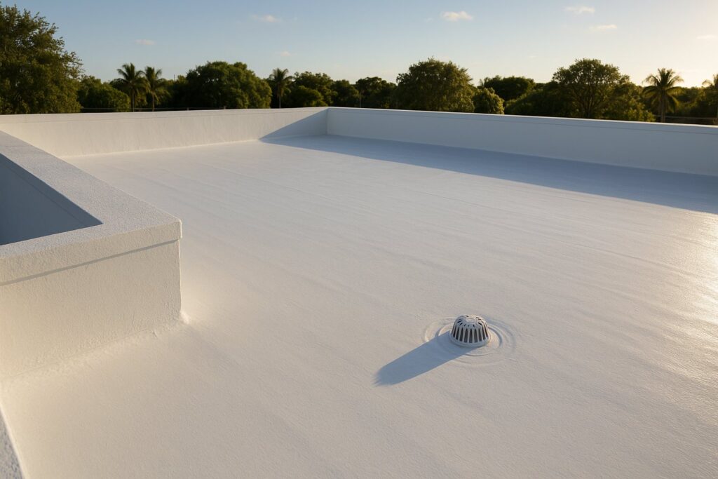 Illustrative, AI-generated: a completed white coated flat roof in late afternoon light, uniform bright finish