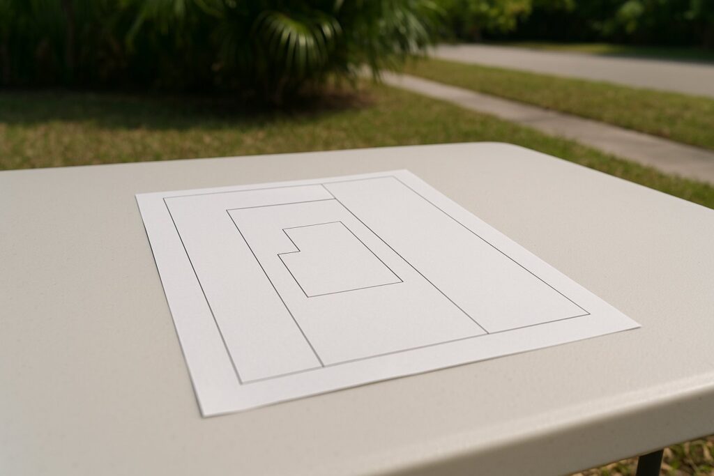 Illustrative, AI-generated: a boundary survey drawing of a residential lot showing lot lines and a building footprint
