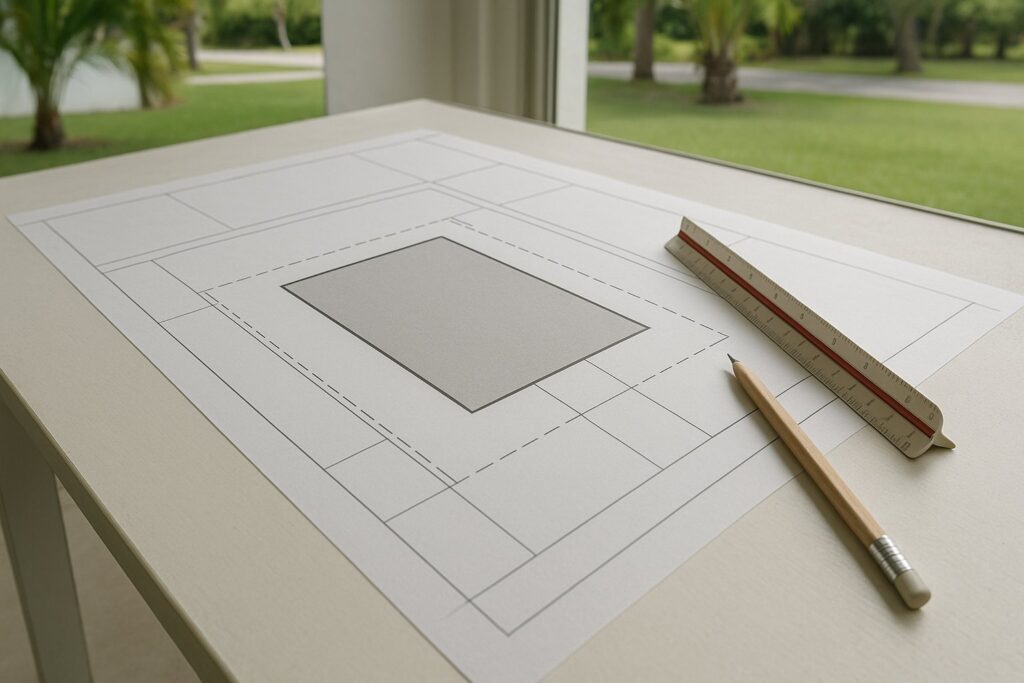 Illustrative, AI-generated: a site plan showing a building footprint inside dashed setback lines