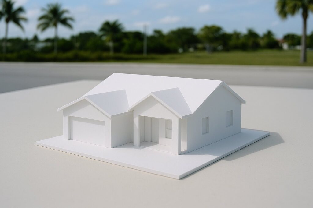 Illustrative, AI-generated: a white massing model of a single-storey house sitting within its plot