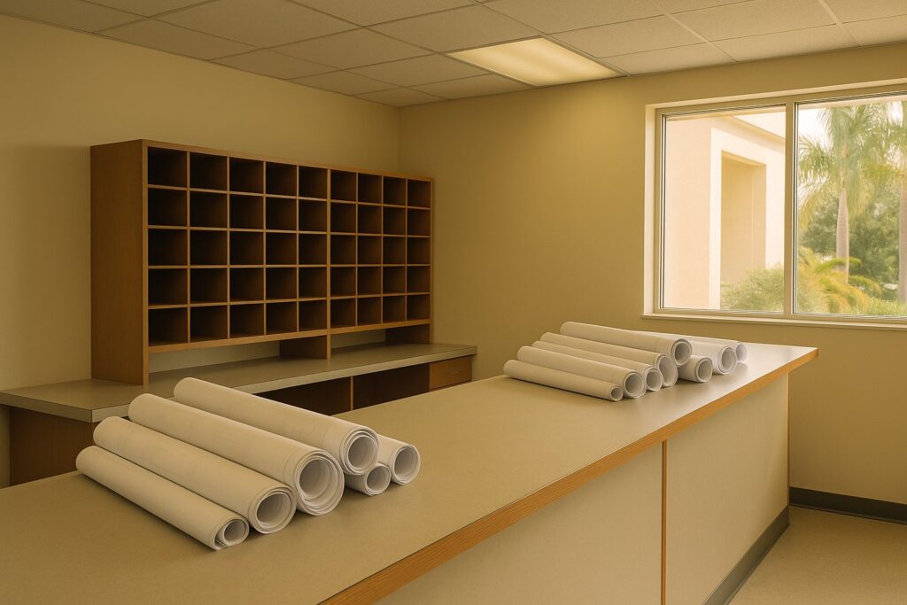 Illustrative, AI-generated: a municipal permitting counter with rolled drawings stacked on it