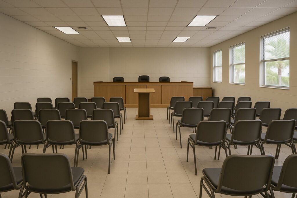 Illustrative, AI-generated: an empty public hearing room with rows of chairs facing a raised bench