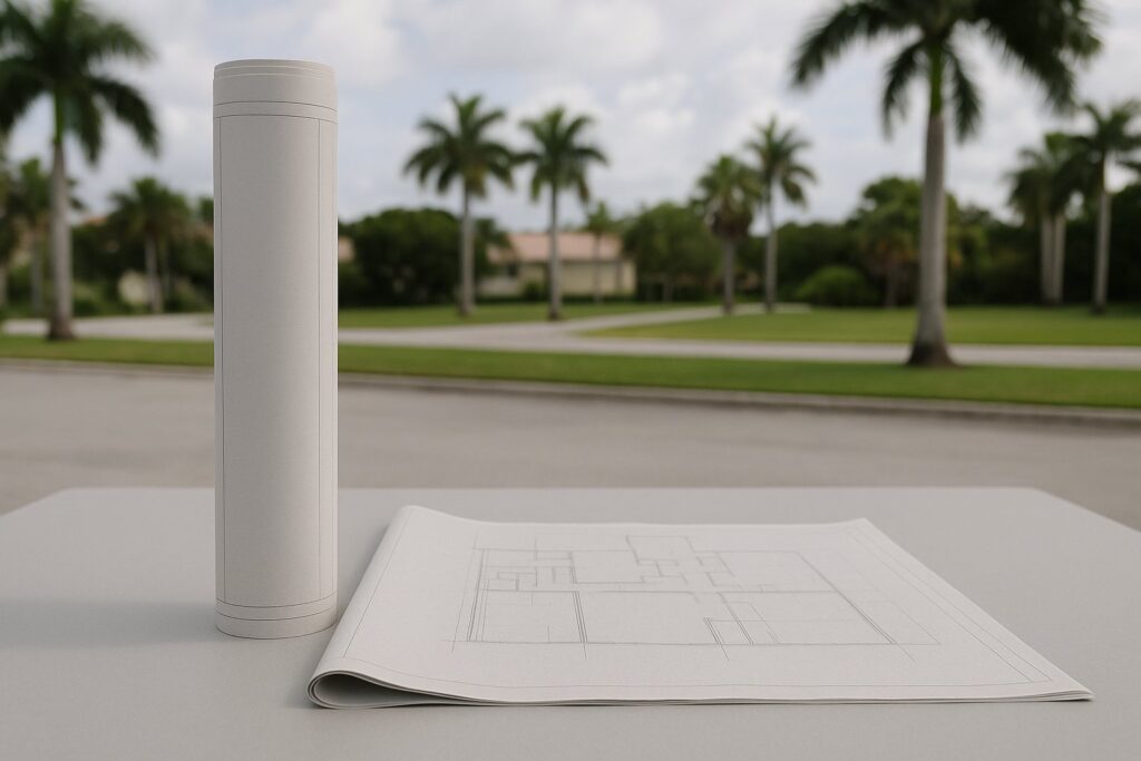 Illustrative, AI-generated: a rolled set of construction drawings beside a flat set on a table