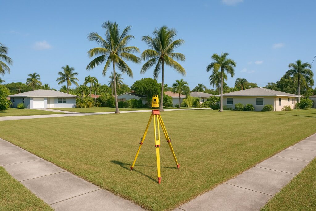 Illustrative, AI-generated: a vacant residential corner lot with a surveyor tripod set up on it