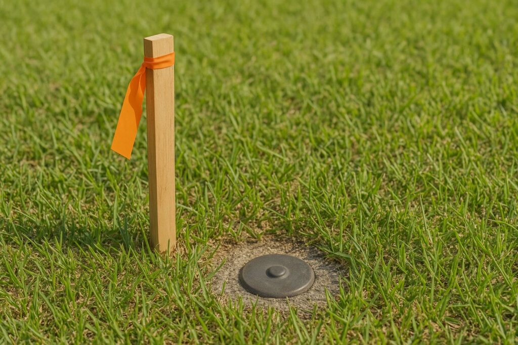 Illustrative, AI-generated: a survey marker pin and a flagged stake at a property corner
