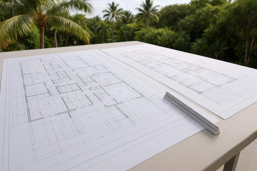 Illustrative, AI-generated: two large architectural drawings laid flat and overlapping with a scale rule across them