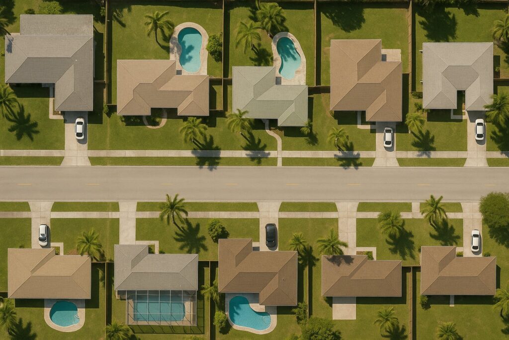 Illustrative, AI-generated: an overhead view of a suburban block showing clear lot divisions
