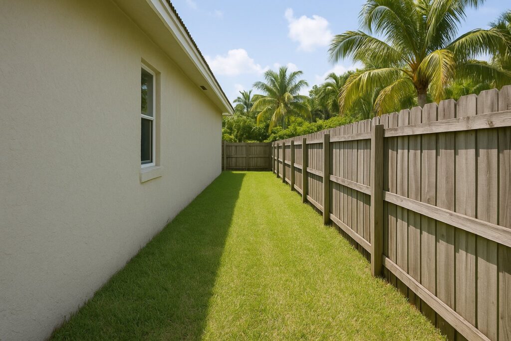 Illustrative, AI-generated: the narrow side yard between a house wall and a boundary fence