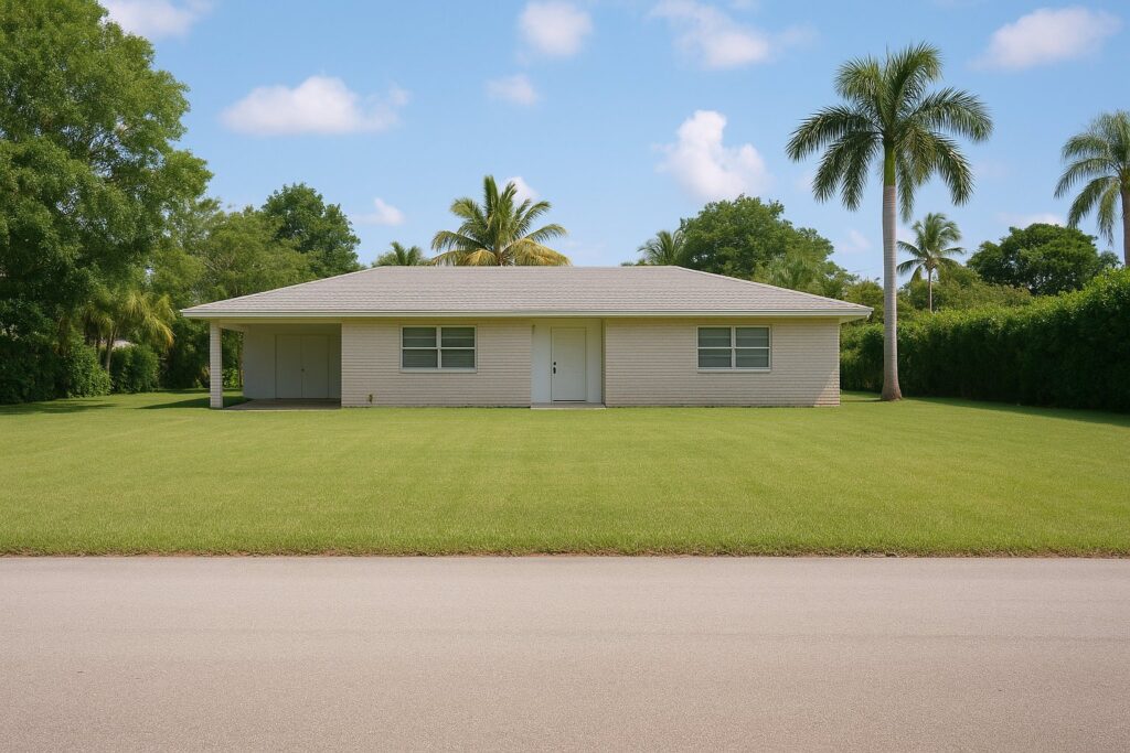 Illustrative, AI-generated: a single-storey house set back from the street with a wide front lawn