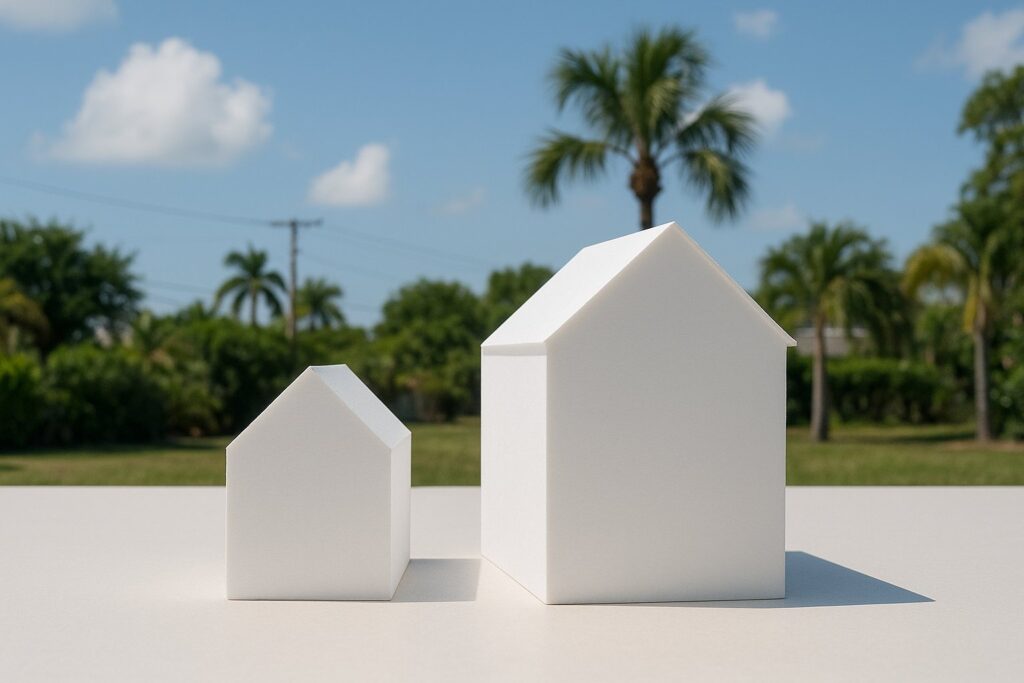 Illustrative, AI-generated: two white massing models of different heights side by side, showing a difference in bulk