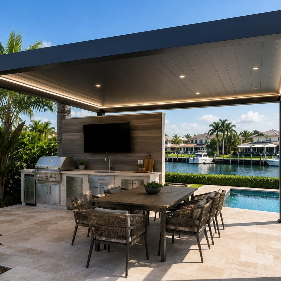 Outdoor kitchen and dining under a dark canopy on a canal frontage