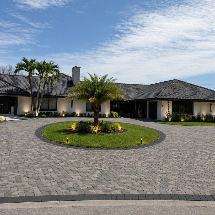 Paver circular driveway lit at dusk in front of a single-storey South Florida home