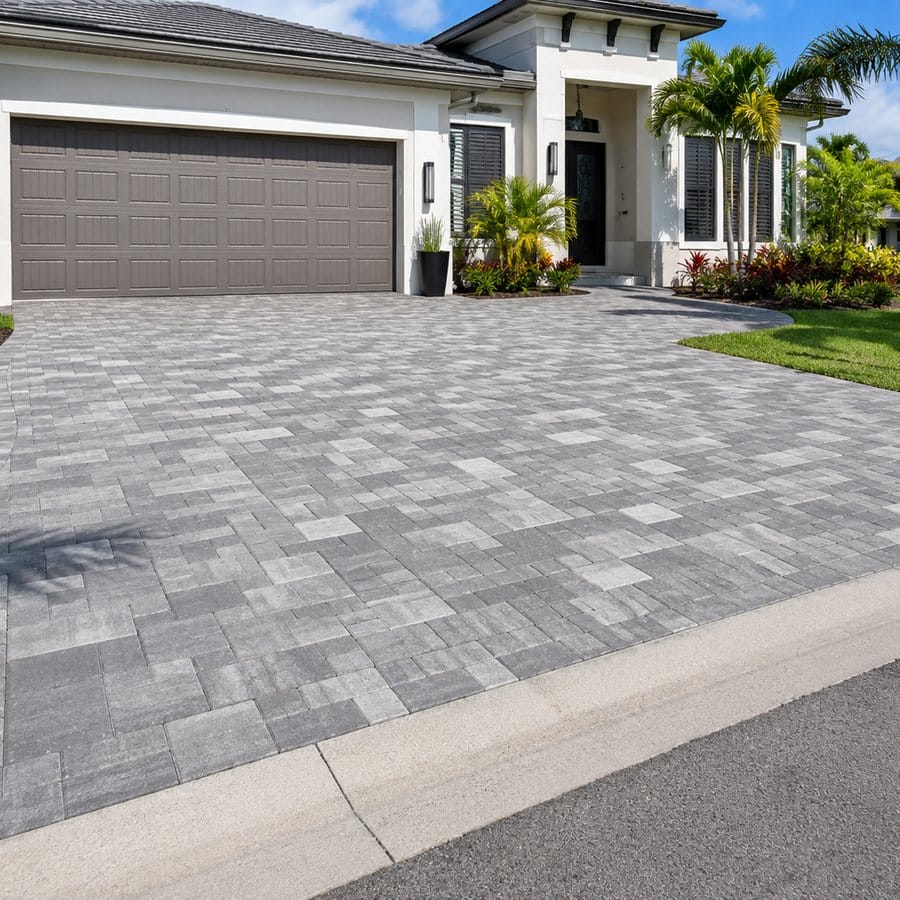 Large-format grey paver driveway running to a double garage