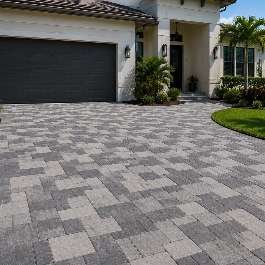 Paver driveway with mature planting either side of the approach